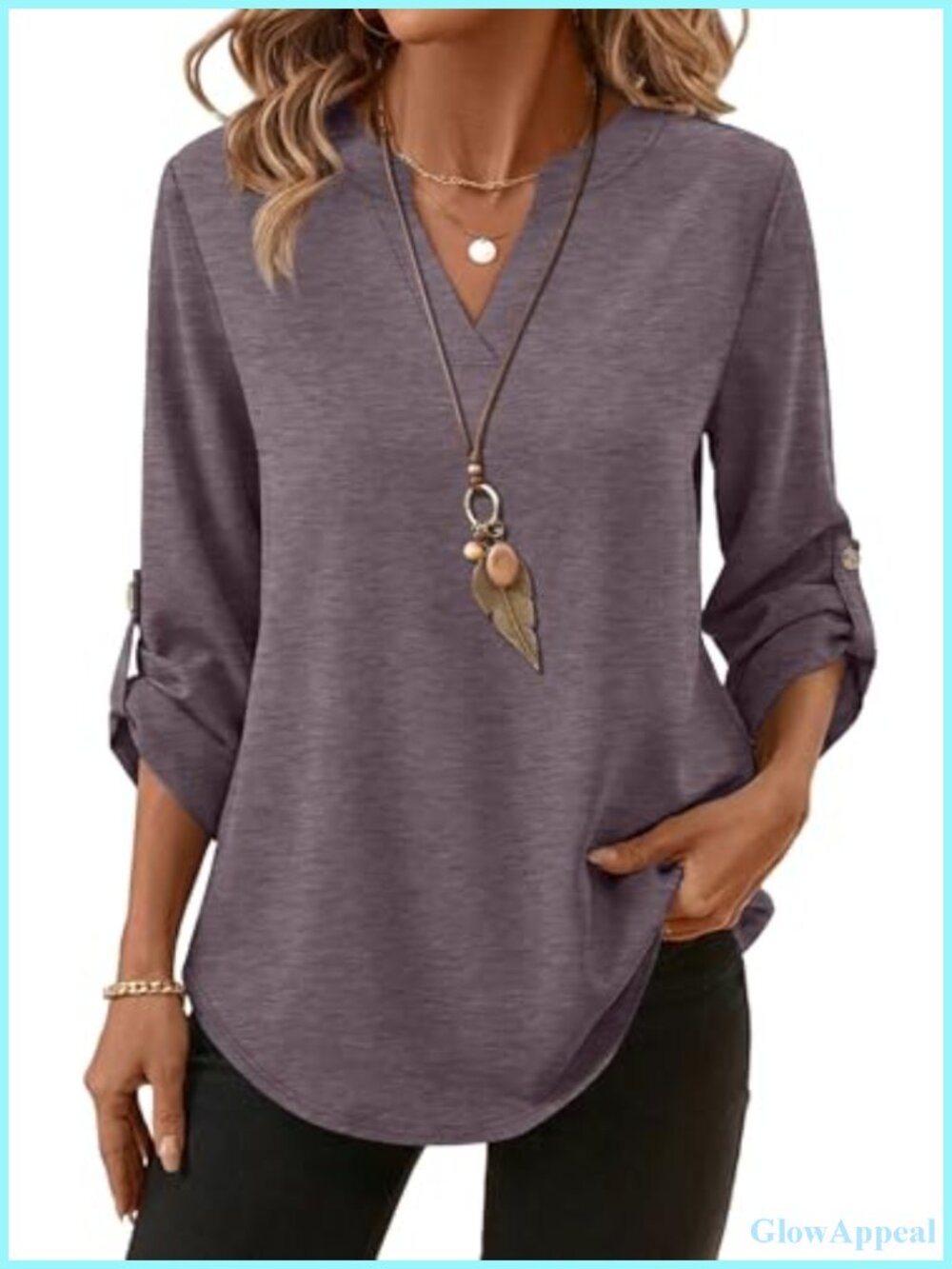 3/4 Length Sleeve V Neck T Shirt Side Button Blouse Business Casual